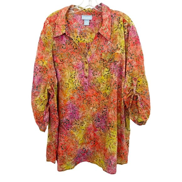 Liz & Me Tropical Batik Floral Top Yellow Orange Pink - Size 3X 26/28W - Picture 1 of 5